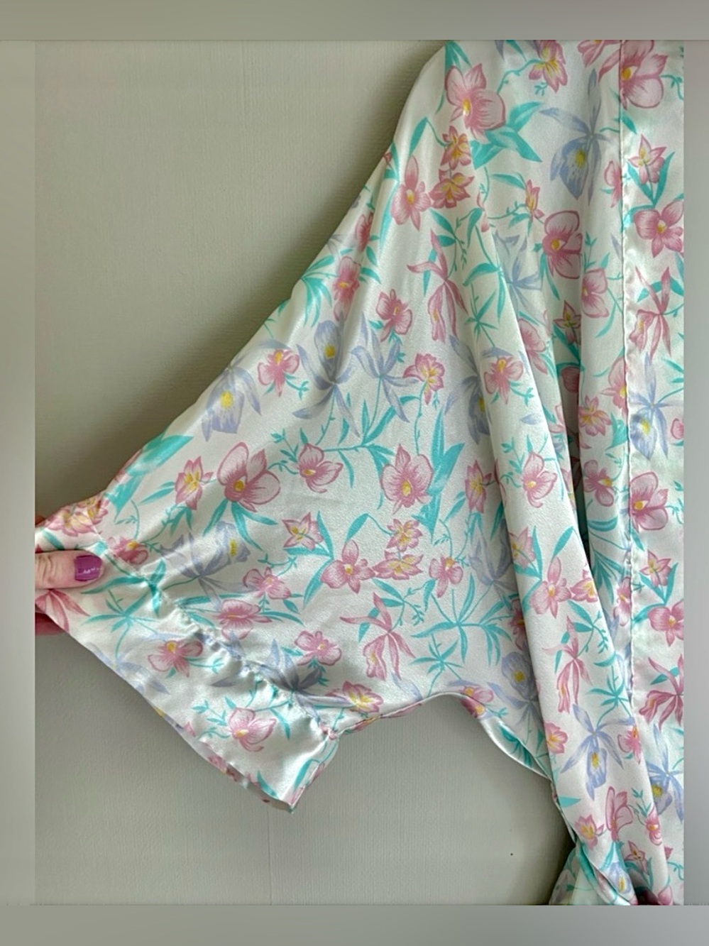 Vintage Pastel Botanical Satin Kimono Robe Cottagecore Whimsy Romantic Bridal OS - Picture 10 of 12